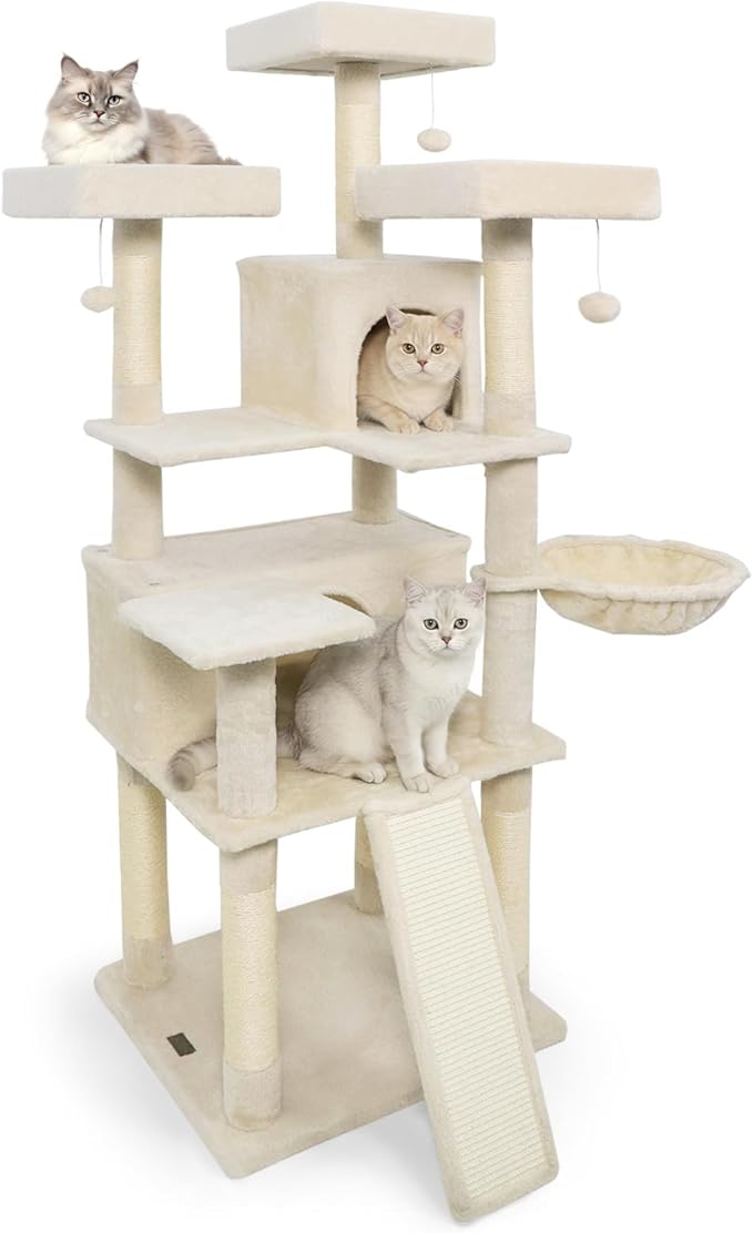 Tangkula 65 Inch Tall Cat Tree, Multi-Level Cat Tower with Sisal Scratching Posts & Board, 2 Condos, 3 Plush Top Perches, Adjustable Basket, 3 Hanging Balls for Indoor Cats (Beige)