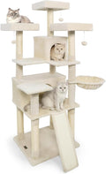 Tangkula 65 Inch Tall Cat Tree, Multi-Level Cat Tower with Sisal Scratching Posts & Board, 2 Condos, 3 Plush Top Perches, Adjustable Basket, 3 Hanging Balls for Indoor Cats (Beige)