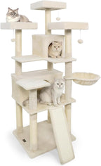 Tangkula 65 Inch Tall Cat Tree, Multi-Level Cat Tower with Sisal Scratching Posts & Board, 2 Condos, 3 Plush Top Perches, Adjustable Basket, 3 Hanging Balls for Indoor Cats (Beige)