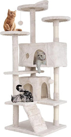 54in Cat Tree Cat Climbing Tower with Scratching Post, Cats House Perch Kitten Tree Condo Wood Playhouse, Pet Trees Tower for Indoor Cats, Beige