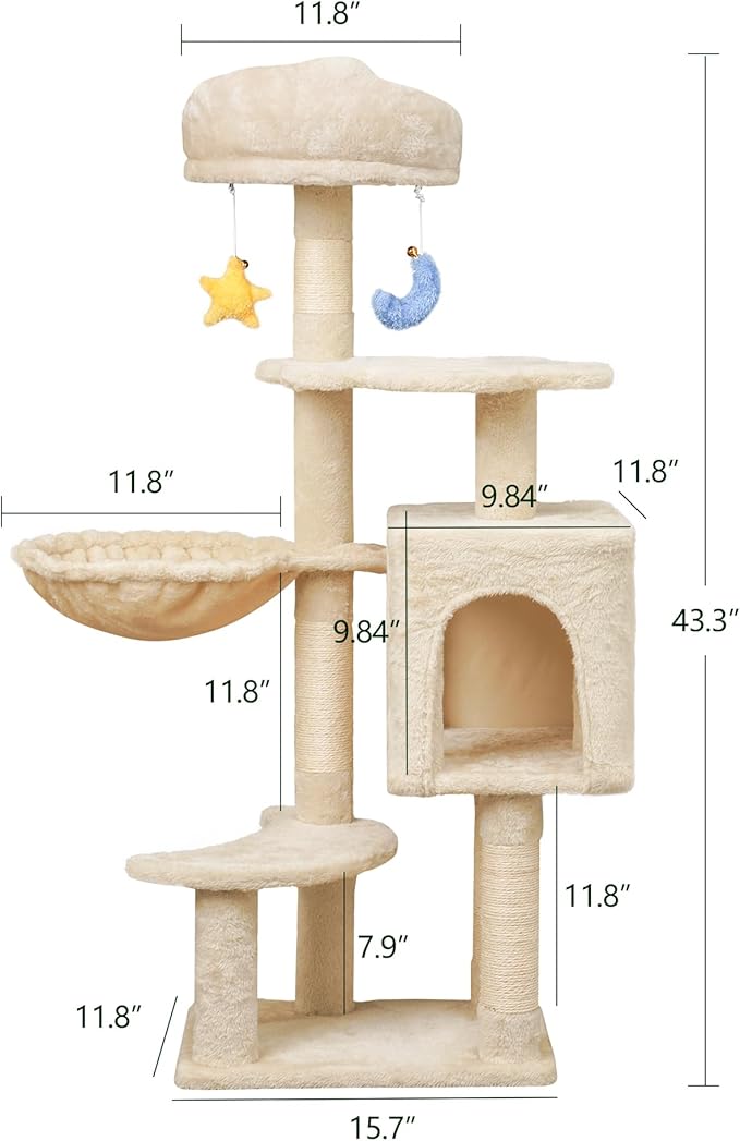 43-Inch Cat Tree,Cute Cloud Cat Tree for Kittens & Small Cats Under 6 Months 9lbs, Cat Tower with Scratching Post, Double Condos, Plush Hammock & Dangling Toys, Beige