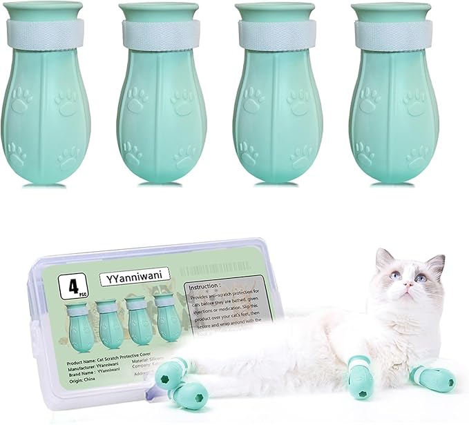 4 Pieces Scratch Cover for Nursing Rehabilitation Cat Boots, Adjustable Bathing Gloves (Green)