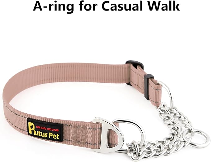 Plutus Pet Martingale Dog Collar with Stainless Steel Chain and Reflective Nylon, Adjustable No Pull Training Collar, for Small Medium, and Large Dogs, Beige, S