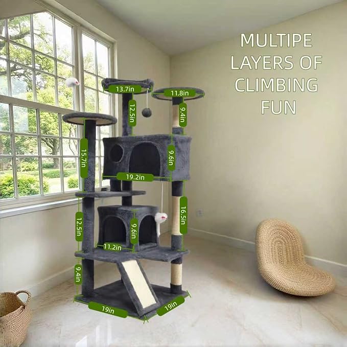 53-inch Cat Tree Tower for Indoor Cats,Cat Tree House Cat Furniture with Sisal Scratching Post,2 Cat Caves,Dangling Toys