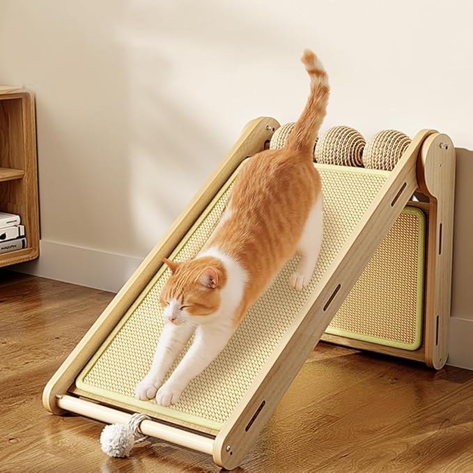L Shaped Cat Scratching Post with Ball Toys, Sisal & Wooden Base Cat Scratcher Ramp for Indoor Cats, 23.6" Tall Durable Cat Scratch Pad for Wall and Couch Protection (Natural)