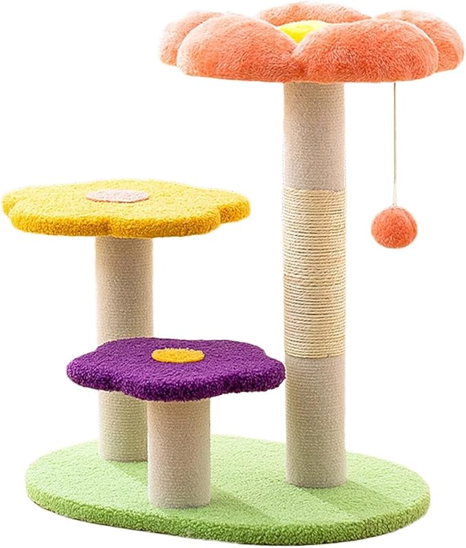 Flower Cat Tree 22.4 inches for Indoor Cats, 3-Story Cat Tower with Scratching Post, Multi-Functional Plush Cat Condo with Interactive Ball Toy, Protects Furniture with Durable Sisal Pole(Orange)