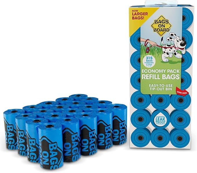 Bags On Board Dog Poop Bag | Strong, Leak Proof Dog Waste Bag | 9 x14 Inches, 315 Blue Bags (Pack of 6)
