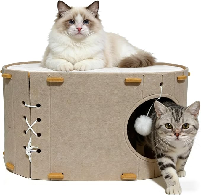 Cat House for Indoor Cats - Foldable Cat Bed Cave with Scratch-Resistant Felt Cats Tunnel Bed Condo & Hanging Fluffy Ball | Cozy Spacious Hideaway for Multi-Cats| Durable & Easy to Store, Cream