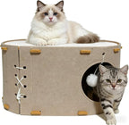 Cat House for Indoor Cats - Foldable Cat Bed Cave with Scratch-Resistant Felt Cats Tunnel Bed Condo & Hanging Fluffy Ball | Cozy Spacious Hideaway for Multi-Cats| Durable & Easy to Store, Cream
