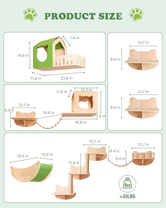 Cat Wall Shelves, 16 in 1 Cat Wall Furniture with Green Wall House, Bridge, Steps, Climbing Post & Scratching Pad Modular Wall Mounted Cat Playground for Large Spaces & Multi-Cat Homes