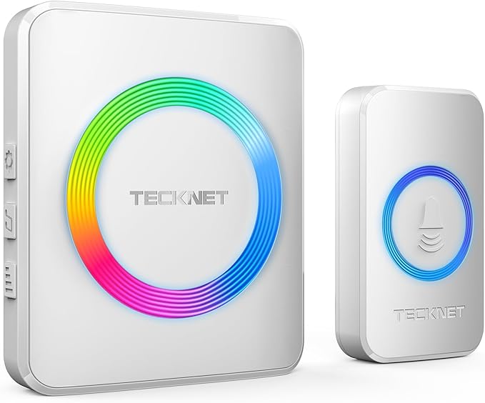 TECKNET Wireless Doorbell, Door Bell 0-120dB, 1300 ft Wireless Range, IP65 Waterproof Classroom Doorbells, 60 Chimes & 5 Volume Levels, RGB Light for Home Kid Room Office Hearing Impaired