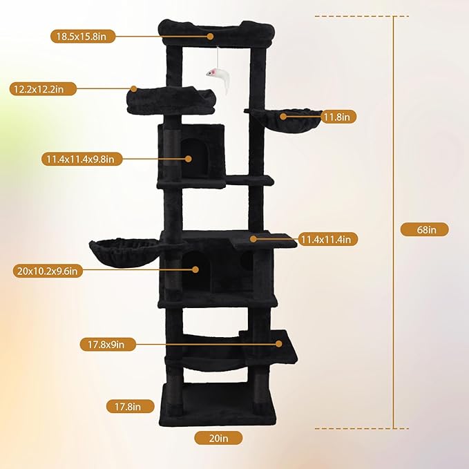 Anwick 68" Tall Cat Tree Tower with Scratching Posts, Cat House with Hammocks, Cat Condos for Indoor Cats, Removable Cushions, Multi-Level Cat Playground (Black)
