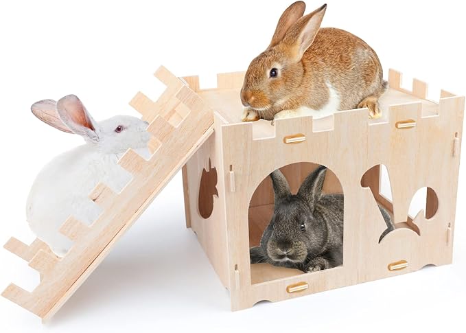 BWOGUE Extra Large Wooden Rabbit Castle Bunny House and Hideouts Detachable Small Animal Play Hideaway Hut for Indoor Adult Rabbit Guinea Pig Chinchilla Habitat