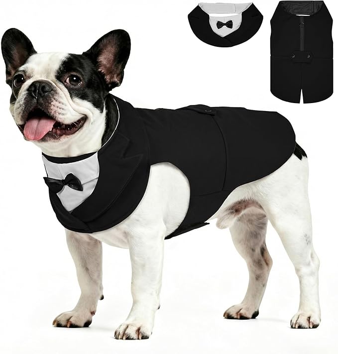 Supet Dog Tuxedo and Bandana Set with Bow Tie, Formal Outfit for Wedding Birthday Party Graduation Valentines, Pet Suit Clothes for Large Medium Small Dogs (Black, S)