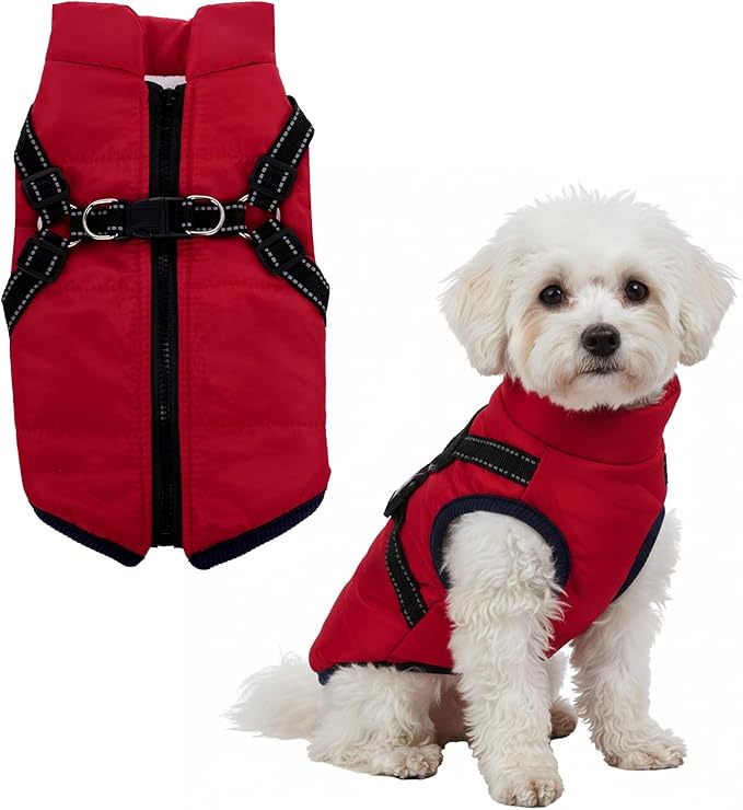 Dog Winter Coat with Harness Winter Jacket for Small Dogs Reflective Cold Weather Coats Warm Pet Vest Waterproof Snowsuit (Red, Medium)