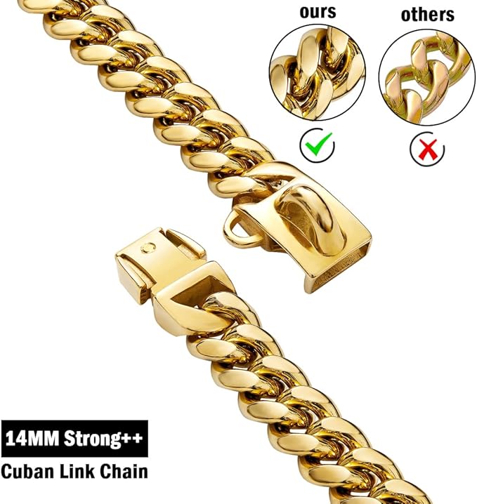 Strong Stainless Steel Gold Dog Collars with Safety Buckle Lock,14MM Cuban Link Chain Training Collar,Dog Necklace Walking Collar for Small Dogs 12''