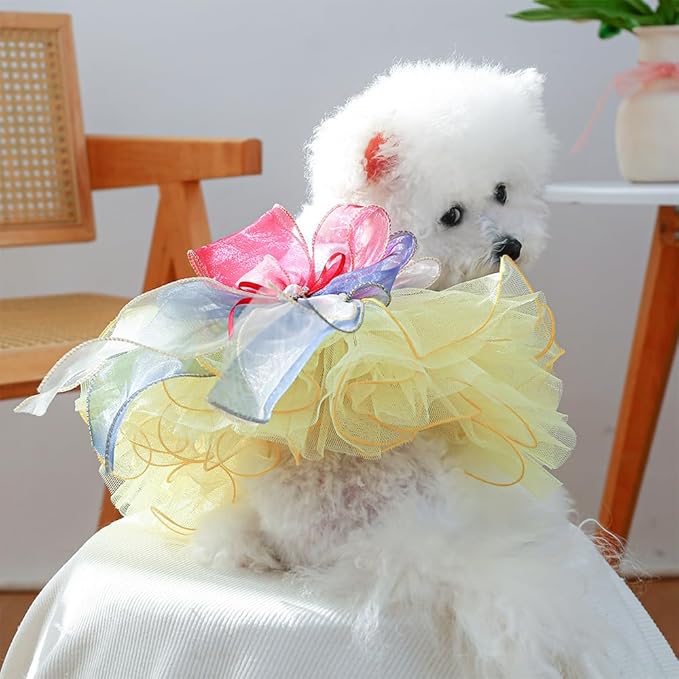ANIAC Elegant Dog Dress for Small Dogs Girls, Bow Knot Puppy Clothes Female, Cat Princess Tutu Dress, Formal Pet Pary Outfit for Wedding Birthday Valentines (Yellow, Large)