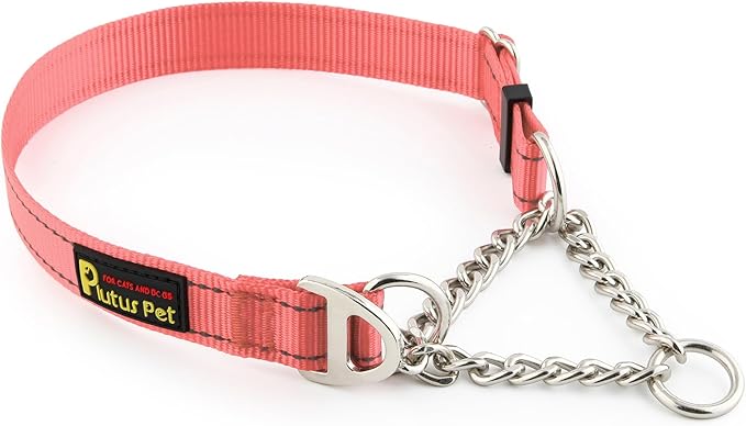 Plutus Pet Martingale Dog Collar with Stainless Steel Chain and Reflective Nylon, Adjustable No Pull Training Collar, for Small Medium, and Large Dogs, Pink, S