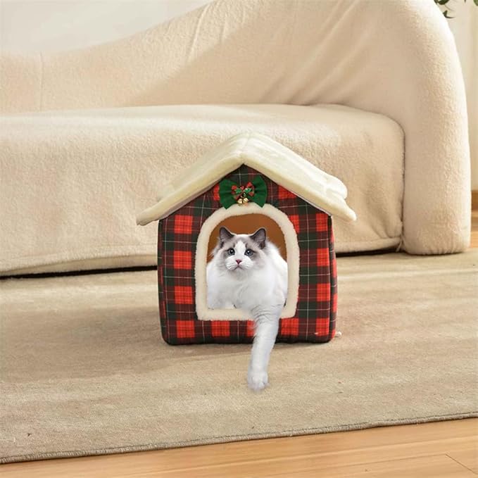 Christmas Cat Bed for Indoor Cats Plaid Xmas Cat Tent Cats Bed Cave for Pets Kittens and Dogs (Christmas Plaid, S(15.7 X 12.6 X 13.8 Inch))