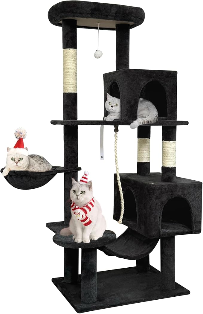 58" cat Tree Tall, Large Multi-Level Cat Condo with Sisal Leaf Scratching Posts, Sturdy Construction Easy Assembly, Indoor Pet Furniture,Dark Gray