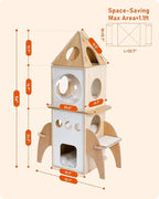 Modern Cat Tree Rocket Shape,54" Wood Cat Tower Multilevel for Indoor Cats, Cat Furniture with 3 Condos, Dangling Balls, Attic Perch