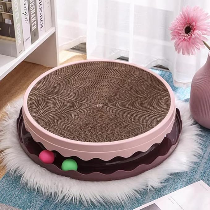 Double Layer Cat Scratcher Toy with Balls, Large PET Resin Scratching Board and Lounge with Replaceable Cardboard Layers for Cats, Furniture Protector (Pink)