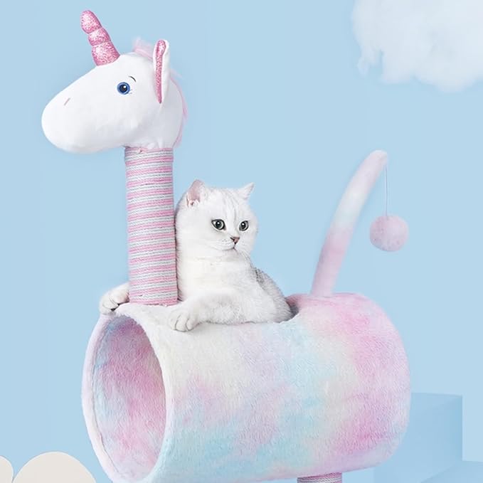ZEZE Tunnel Cat Tree Condo for Indoor Cats, Animal-Themed Cat Tower with Cozy Tunnel Hideout, 3 Sisal Scratching Posts, Hanging Ball Toy, Thick Base (Unicorn)