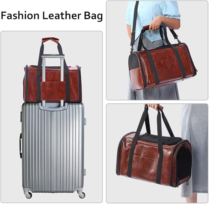 Fashion Dog Carrier Pet Carrier Airline Approved Cat Carrier for Small Dogs Cats Under 15 Lbs, Vegan Leather Collapsible Soft Sided Travel Puppy Carrier