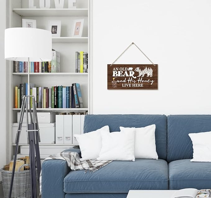 Funny Animal Theme Wood Decor Sign, Old Bear and His Honey Live Here, Hanging Printed Wooden Plaque Décor, Vintage Wall Decoration, Bear Hanging Wall Art, Bedroom Décor Sign 12x 6inch