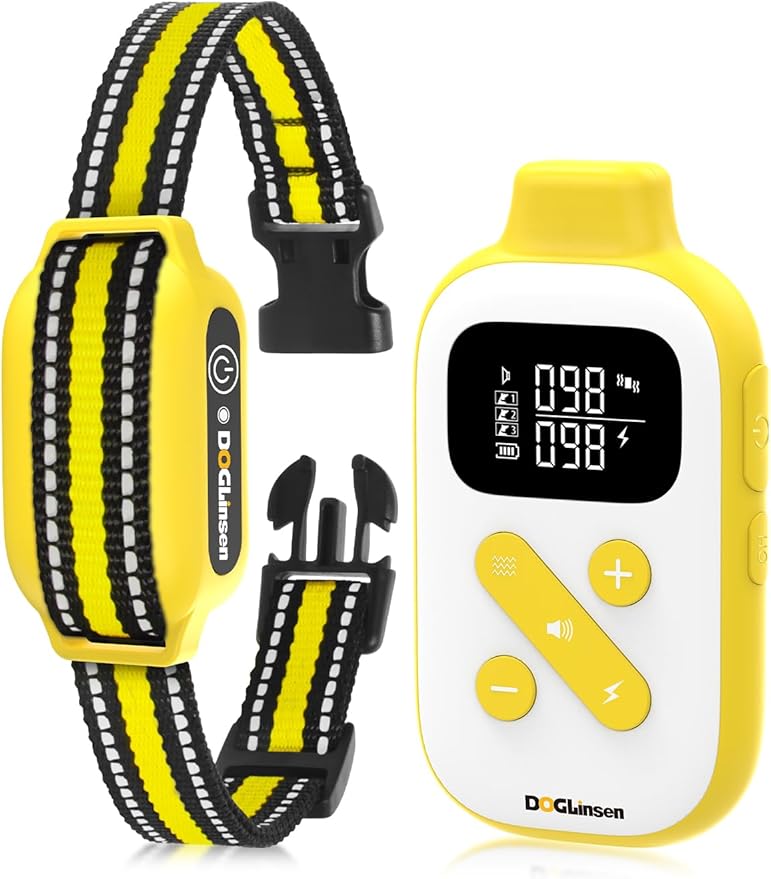 2-in-1 Bark and Shock Collar for Dogs, Smart Anti Barking Dog Training Collar with 5 Adjustable Sensitivity, Automatic Bark Collar with Remote, Vibration, Beep, Shock and Automatic (Yellow)
