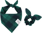 E-Clover St Patricks Day Dog Bandanas Boy & Matching Scrunchie Set Plaid Dog Bibs Scarf Triangle Kerchief Bandana for Medium Large Dogs Birthday Gifts Pet Owner Mom Green Spring