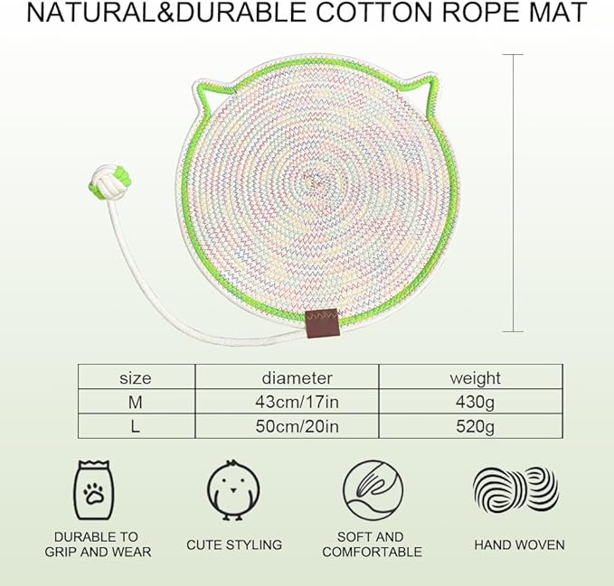 Personalized Cat Scratcher Mat, Customized with Name Text Natural Cotton Rope Round Horizontal Cat Scratching Pads with Ball Toy, Cat Furniture Protector for Wall, Couch, Carpets, Sofa (Green)