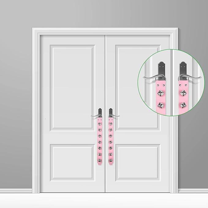 Frienda Hanging Jingle Sleigh Bells 7-Bell Dog Doorbells for Door Knob Faux Leather Belts Go Outside Dog Bells Christmas Decor and Holiday Decorations, 18.7 x 1.8 x 1 Inches(Pink with Silver)