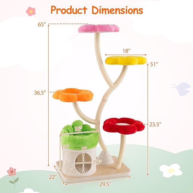 Tangkula Cat Tree Tower, 65 Inch Tall Cat Tower with Sisal Scratching Posts, Flower-Shaped Platforms, Padded Cat Condo, Modern Cat Tree for Indoor Cats Large Adult (Colorful)