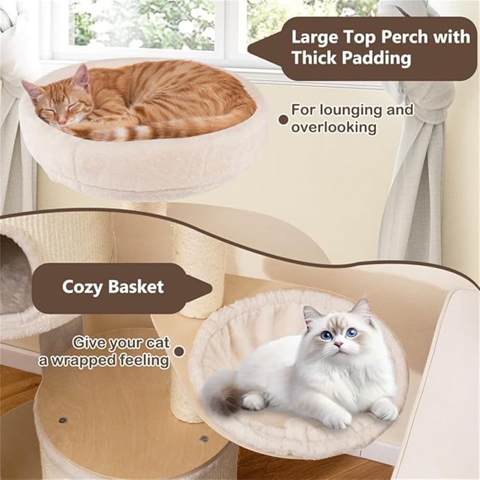 60" Tall Wood Cat Tree Tower with 2 Condos & Top Perch, Cat Tree for Indoor Cats Large Adult, Modern Cat Tree Tower for Large Cats with Sisal Scratching Posts