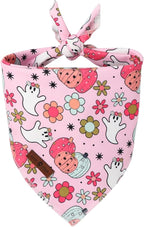 Lionet Paws Halloween Dog Bandana Washable Cotton Handkerchief Scarf Triangle Flower Ghost Pink Bandanas for Medium Large Dogs Girl