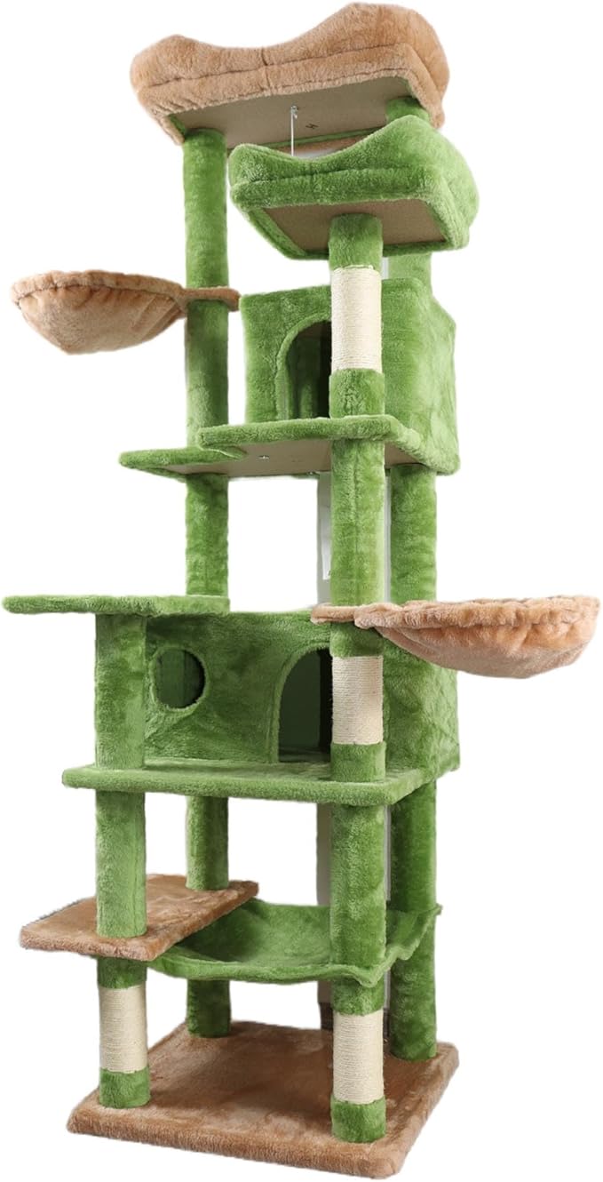 68" Green Cute Cat Tree for Indoor Cats Large Adult, Tall Cat Tower with Scratching Post & Condo, Hammock, Aesthetic Cats Stand, Modern, Easy Assembly (Green, 68" Tall)