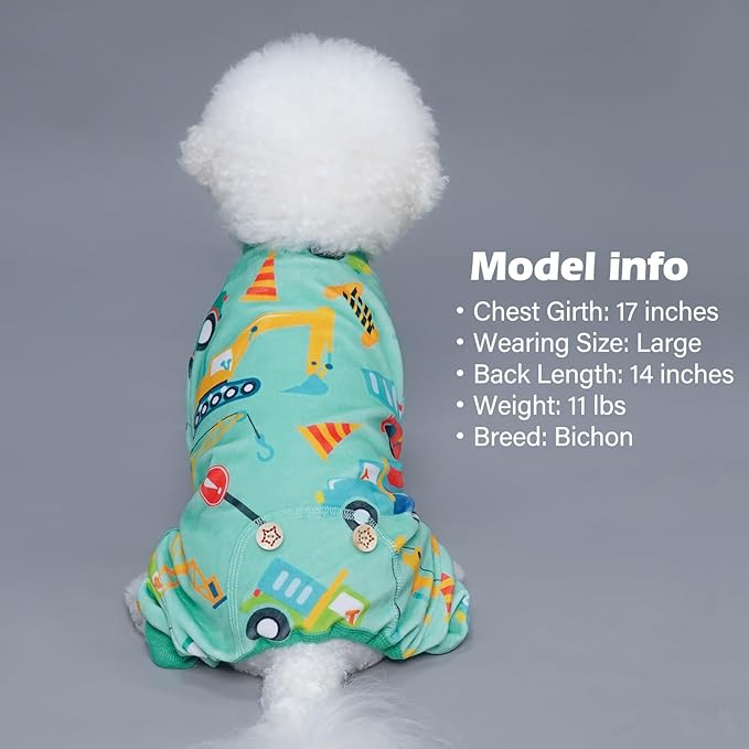 KYEESE Dog Pajamas Velvet Dog Pajamas Small Sized Dogs Soft Dogs Clothes Pet Coat Stretchy Doggie Pjs Pet Costume with Construction Vehicles Pattern Comfy Doggie Jammies Onesie, Medium