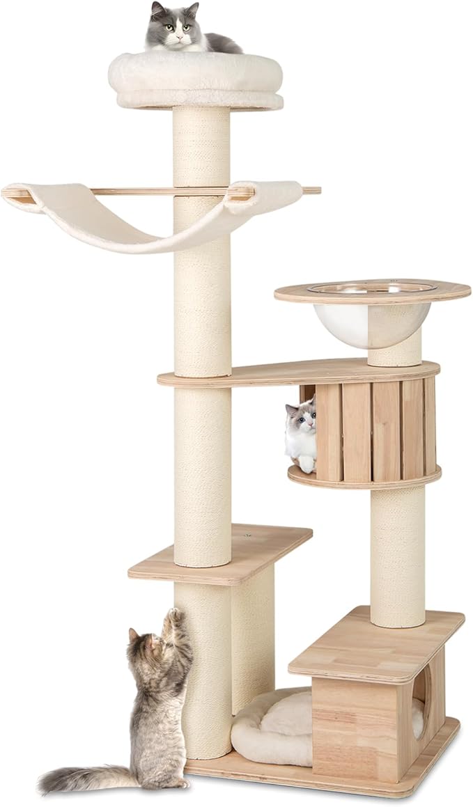 PETSITE 69 Inch Tall Wood Cat Tree, Multi-Level Modern Cat Tower with 5.7 inch Scratching Posts, Double Cat Condos, Space Capsule, Hammock, Large Wooden Cat Tree Tower for Indoor Cats, Natural
