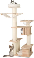 PETSITE 69 Inch Tall Wood Cat Tree, Multi-Level Modern Cat Tower with 5.7 inch Scratching Posts, Double Cat Condos, Space Capsule, Hammock, Large Wooden Cat Tree Tower for Indoor Cats, Natural