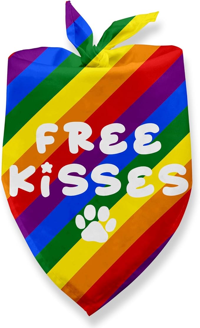 Free Kisses Rainbow Dog Bandanas, LGBTQ+ Pet Accessories for Pride Day Month Gifts for Dogs Owners LGBTQ+ Pride Dog Bandana Rainbow Pet Scarf for Small Medium Cats Dogs