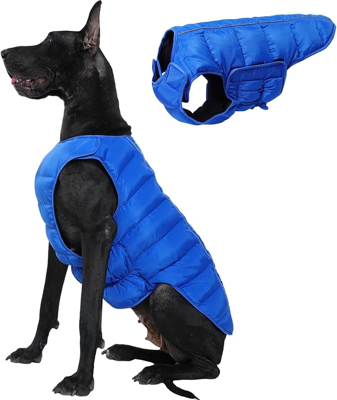 Kuoser Dog Puffer Jacket Warm Dog Coat for Extra Large Dogs, Windproof Reflective Pet Padded Vest Cold Weather Clothes Puppy Snowsuit with Hook & Loop Coats for Great Dane, Easy On/Off, Blue 3XL