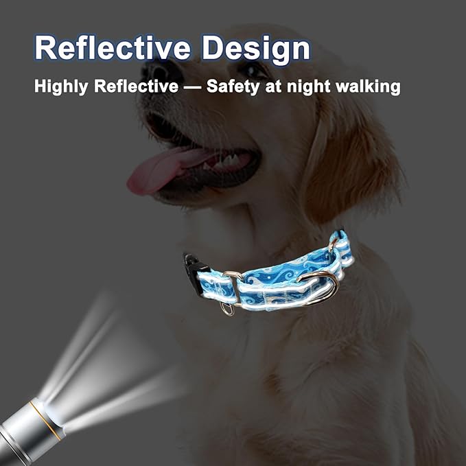 Reflective Martingale Collar with Quick Release Buckle Anti Pulling Boy Male Adjustable Dog Collars (Blue Waves, Large)