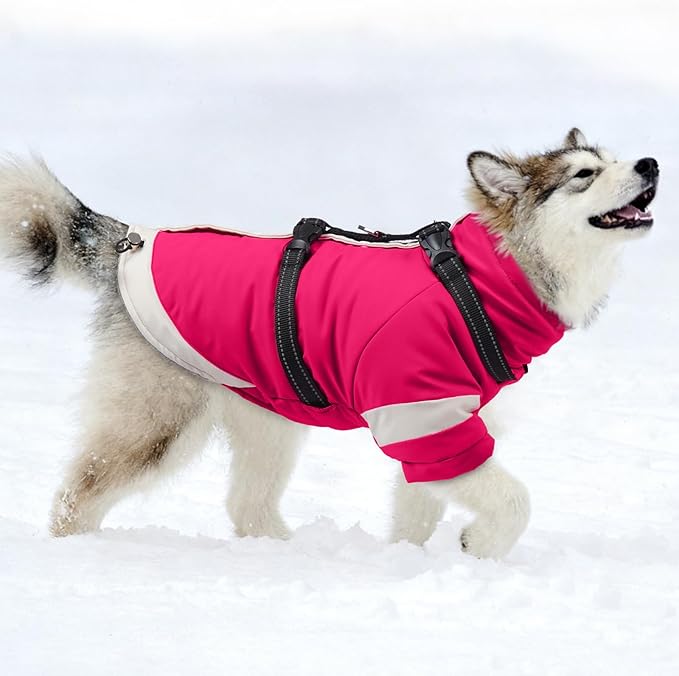MIGOHI Snowproof Dog Jacket with Harness Reflective Small Dog Coat with Sleeves,Waterproof Fleece Winter Puffer Jacket for Dogs,Turtleneck Puppy Coats for Dogs Chilly Day,S,Rosered