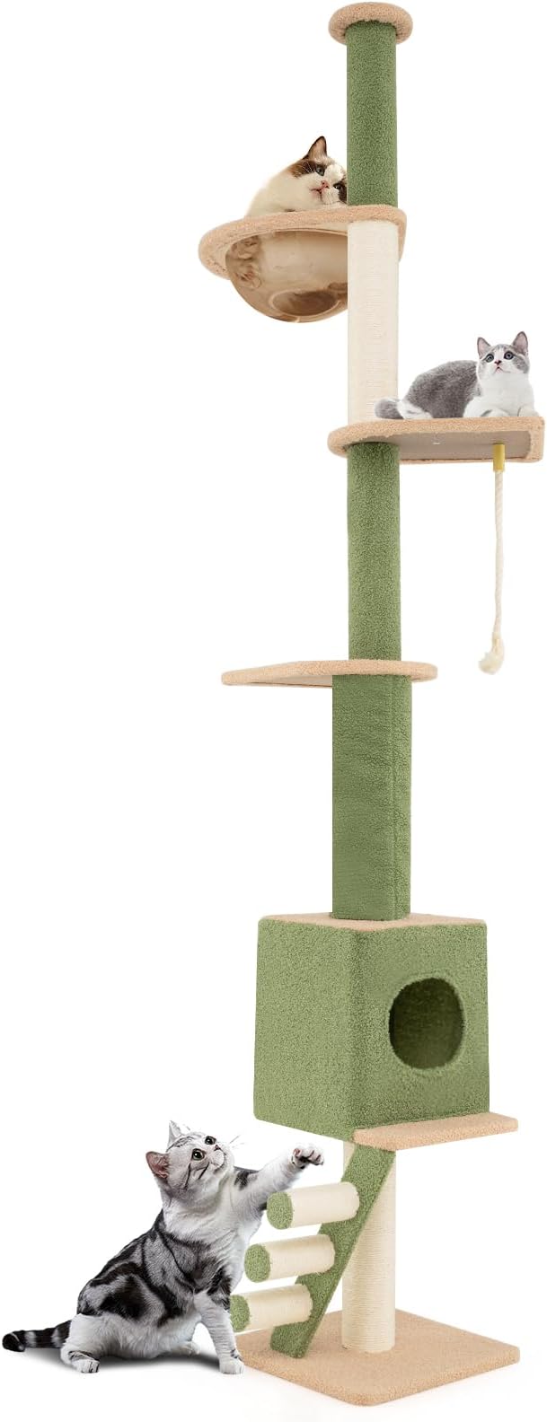 Tangkula Floor to Ceiling Cat Tree, 5 Tier Tall Cat Tower with 86”-99.5” Adjustable Height, Extra Replaceable Post, Tension Cat Tree with Space Capsule, Condo, Sisal Scratching Posts & Rope, Ladder