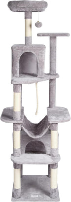 VEVOR Cat Tree for Indoor Cats, 72" Cat Tower with 2 Cat Condos, Sisal Scratching Post, Hammock, Top Perch, Jumping Platforms, Large Cat Furniture Activity Center with Hang Ball, Light Grey