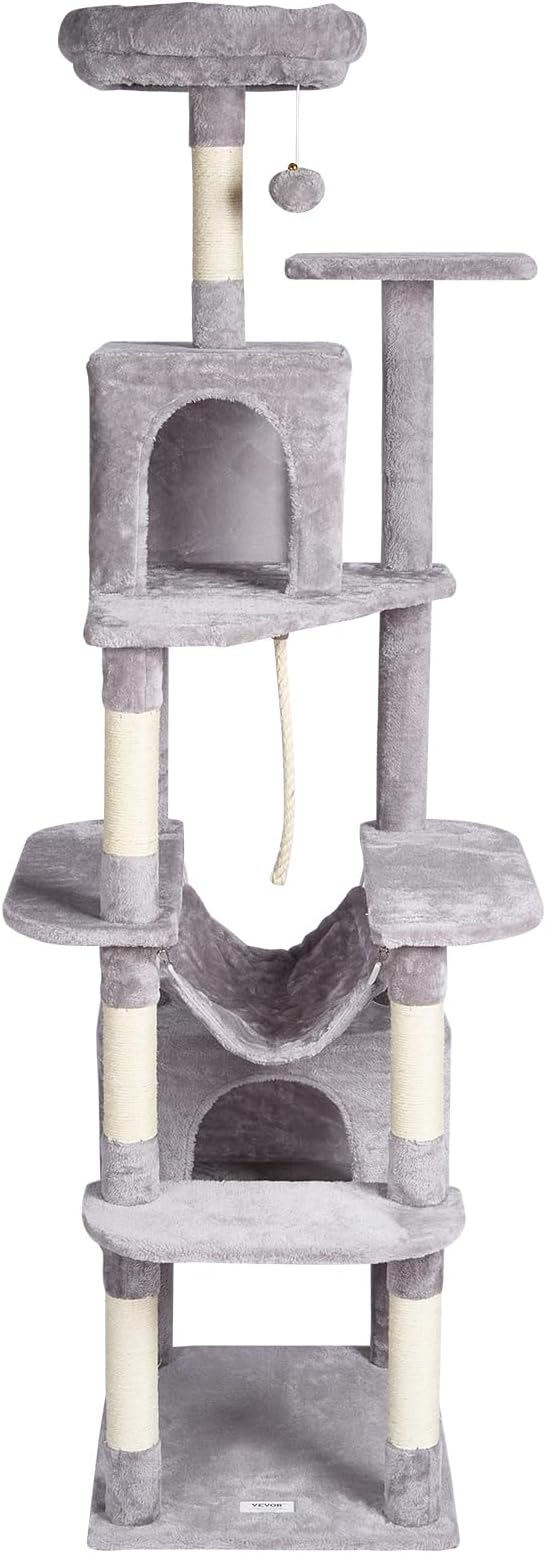 VEVOR Cat Tree for Indoor Cats, 72" Cat Tower with 2 Cat Condos, Sisal Scratching Post, Hammock, Top Perch, Jumping Platforms, Large Cat Furniture Activity Center with Hang Ball, Light Grey
