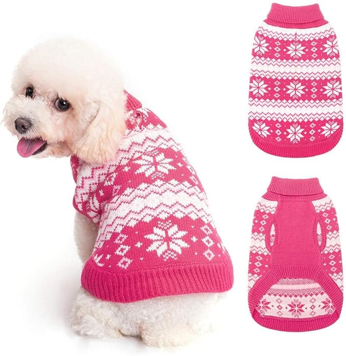 KOOLTAIL Cable Knit Dog Sweater Turtleneck, Cold Weather Pullover Classic Knitwear, Snowflake Pattern Thick Warm Winter Pet Clothes, Dog Christmas Sweater for Small Medium Large Dogs Girl, Pink SM