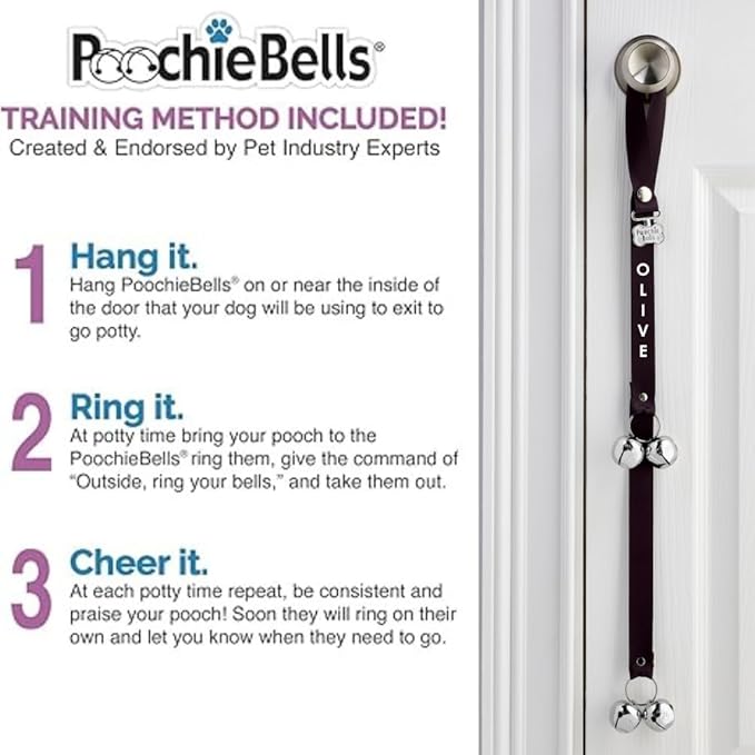 Personalized with Your Dog's Name PoochieBells for Dog Potty Training Bell, Quick & Easy Puppy Potty Training Method Included, Handcrafted in USA w/Loud, Paw-Safe Bells