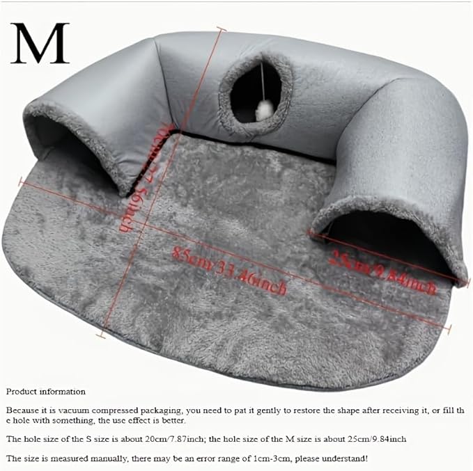 Cozy Pet Cave 3-in-1 Cat Tunnel Bed, Gray Plush with Fleece Lining, Anti-Slip Base, Multiple Entrances, Indoor Cat House, 33.46 x 25.59 Inch